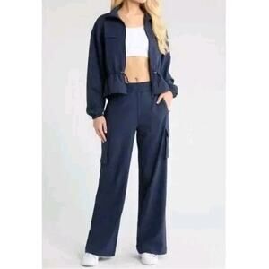 Beyond Yoga ~Woman Size L~ Navy Blue High Waisted Cargo Wide Leg Pants NEW $118